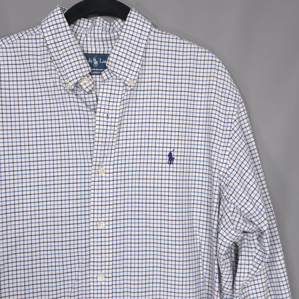RALPH LAUREN Classic Fit 100% Cotton Check Button Down‎ Shirt Blue White LARGE